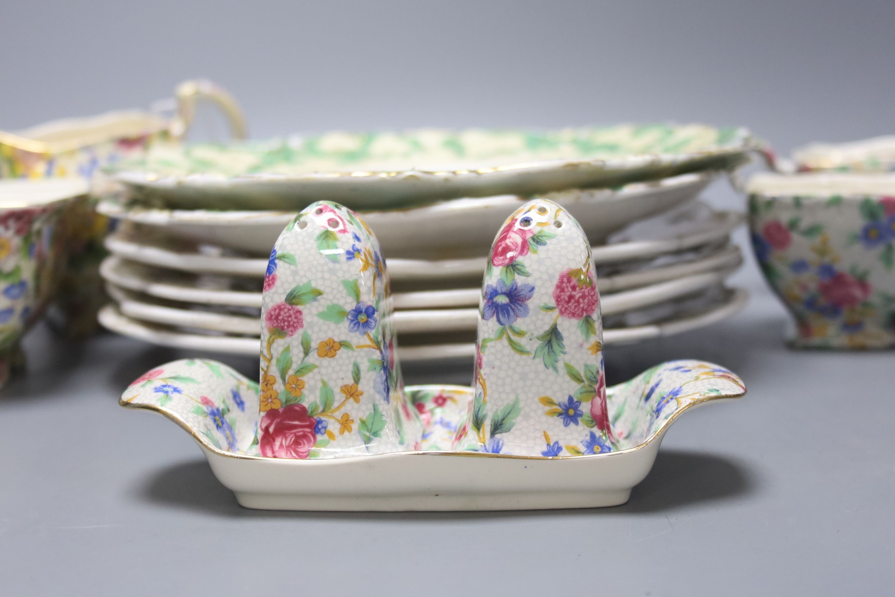 A group of Royal Winton Old Cottage Chintz pattern wares and an English porcelain dessert plates